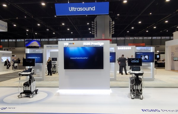 Samsung features its new ultrasound device, V8 (left), designed to provide clear, uniform, and high-resolution images for all practitioners.