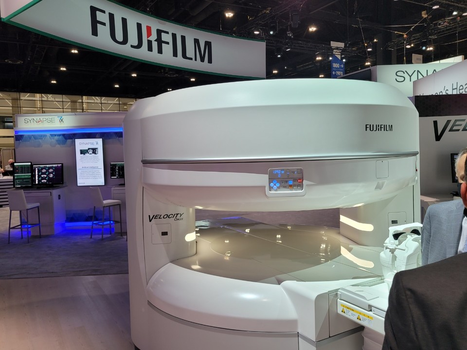 Fujifilm Healthcare first showcased its Velocity MRI machine, an advanced and high-field open MRI system, at the convention.
