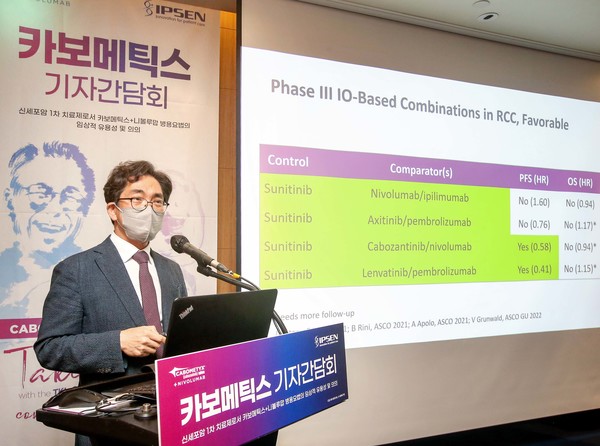 Professor Lee Jae-ryun at Asan Medical Center explains the benefits of the Cabometyx and Opdivo combination therapy as a first-line treatment for renal cell cancer during a news conference held at Intercontinental Hotel in Seoul on Friday.