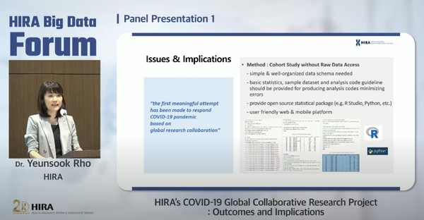 Roh Yeon-sook, director of the Big Data Research Division at the Health Insurance Review and Assessment Service (HIRA), shares the result of the HIRA’s global collaborative research project on Covid-19 at an online forum on Wednesday.