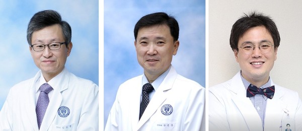 A joint research team led, from left, by Professors Kim Chan-hyung and Chang Jin-woo of Severance Hospital and Chang Jin-goo of Myongji Hospital, has successfully treated four patients with intractable depression with magnetic resonance-guided focused ultrasound surgery. (Severance)