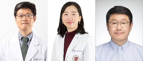 Researchers from the multidisciplinary team at Korea University Ansan Hospital found that Obesity and metabolic syndrome increase thyroid cancer risk. From the left, Professors Kim Do-hoon, Park Joo-hyun, and Han Kyung-do (KUAH).