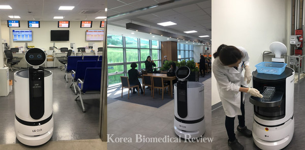 Autonomous delivery robots carry specimens at the Seoul National University Hospital.