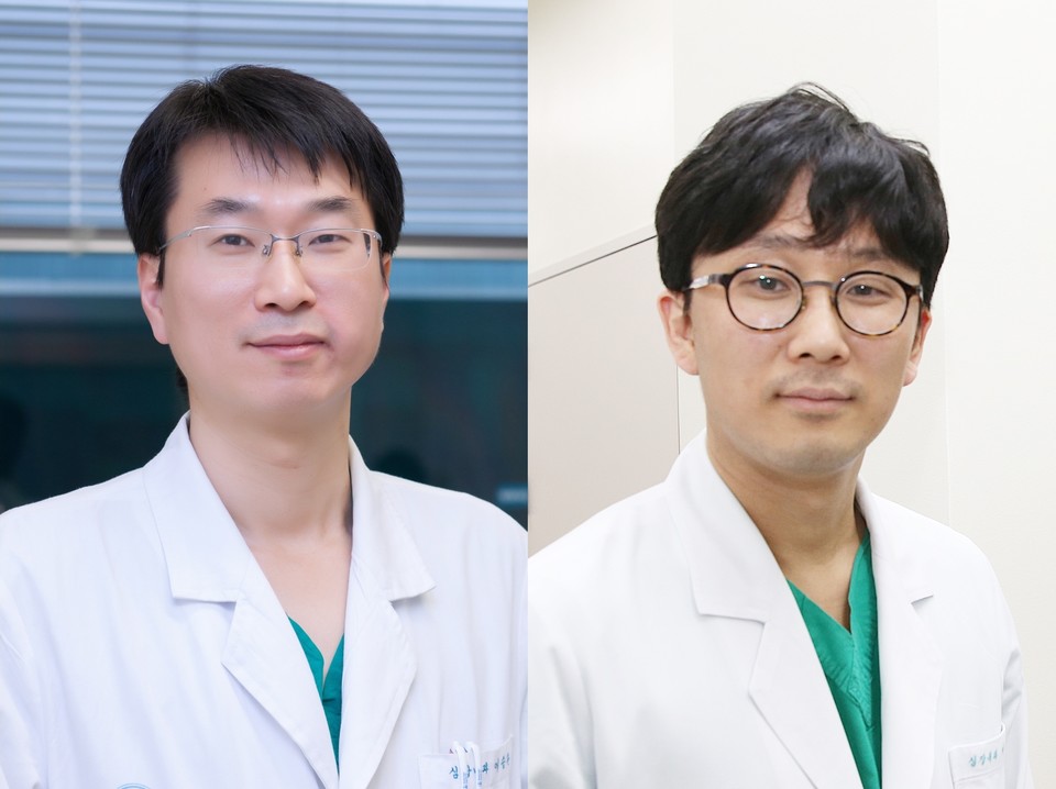 A joint cardiology team, led by Professors Lee Seung-Hwan (left) and Lee Pil-hyung of the Asan Medical Center, has proved the efficacy of stent procedures on treating blocked coronary openings. (AMC)