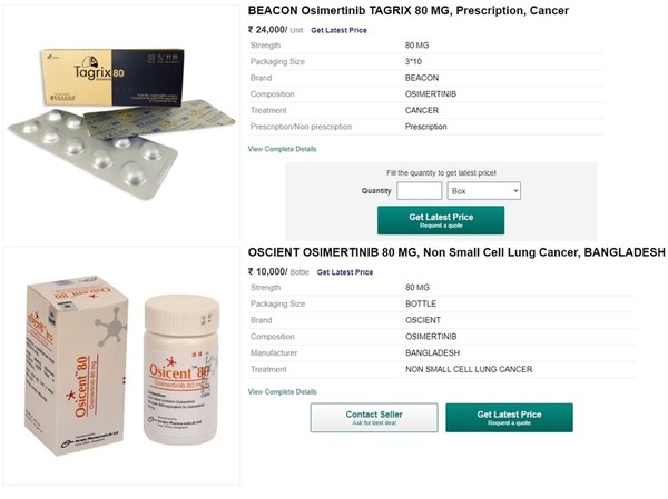 An Indian e-commerce website sells generics of lung cancer treatment Tagrisso, Tagrix (top) and Osicent, presumed to have been manufactured illegally.