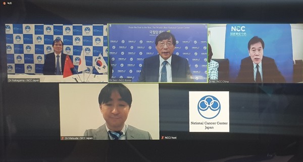 Korea’s National Cancer Center President Seo Hong-gwan (middle in the upper row), President Nakagami Hitoshi of the National Cancer Center Japan (left), and Jie He of the National Cancer Center of China (right) had an online discussion of their long-term plans for controlling cancer on Wednesday.