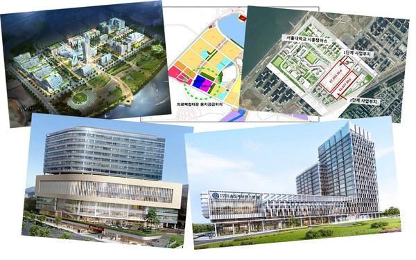 Eight university hospitals are pushing to establish branches in the Seoul metropolitan area. From top left are the Cheongna International City where Asan Medical Center’s branch will be located, Pyeongtaek’s Brain City General Industrial Complex where Ajou University Hospital’s branch will be located, the site in Siheung where Baegot Seoul National University Hospital will open, the Chung-Ang University Gwangmyeong Hospital to be completed in 2022, and Songdo Severance Hospital to be completed in 2026.