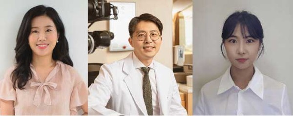 A Gachon University Gil Medical Center team has confirmed that air pollutants can cause age-related macular degeneration. They are, from left, Professors Choi Yoon-hyung and Kim Dong-hyun, and Doctor Joo Min-jae.