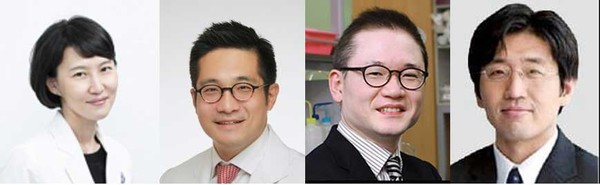 A Severance Hospital research team has discovered an immune cell gene signature that can predict the immunotherapy response in EGFR-mutated lung cancer. They are, from left, Professors Kim Hye-ryun and Park Seong-yong at the hospital, and Lee In-suk and Ha Sang-jun of the Yonsei University College of Life System.