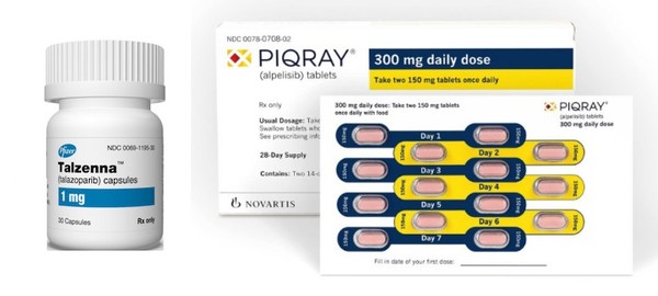 Twenty-eight compassionate use cases approved this year involved Pfizer’s PARP inhibitor Talzenna (left) and 22, Novartis’ PIK3Caα inhibitor Piqray.