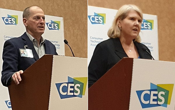 Gary Shapiro (left), CEO of Consumer Technology Association, and Karen Chupka, executive vice president of CTA, speak during a press conference at the Las Vegas Convention Center in Las Vegas on Monday.