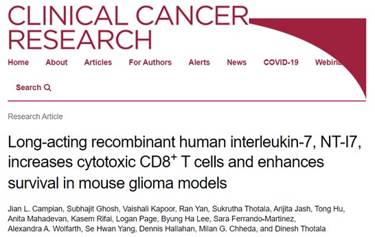 Clinical Cancer Research recently published preclinical results of NT-I7, investigational immunotherapy being developed by NeoImmuneTech, in mouse models of glioblastoma.