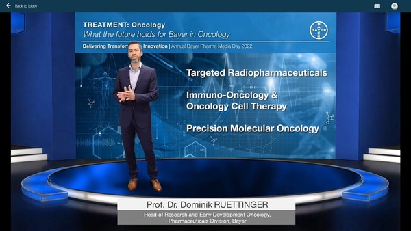 Dominik Ruettinger, head of research and early development for oncology at the pharmaceuticals division of Bayer, speaks at the virtual Bayer Pharma Media Day 2022 on Monday, introducing anticancer pipelines.