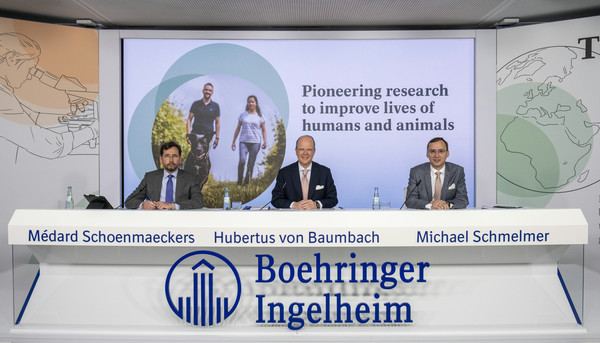 Hubertus von Baumbach (center), CEO of Boehringer Ingelheim and chairman of the board of managing directors, speaks at an annual press conference on Tuesday.