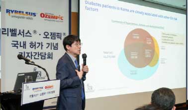 Professor Won Kyu-jang of the Department of Endocrinology at Yeungnam University Medical Center explains the benefits of using Novo Nordisk's two new type 2 diabetes drugs, Rybelsus and Ozempic, during a news conference at the Intercontinental Hotel in Seoul on Wednesday.