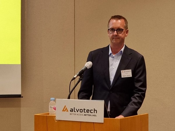 Alvotech CEO Mark Levick holds a Wednesday news conference in Yeouido, Seoul.
