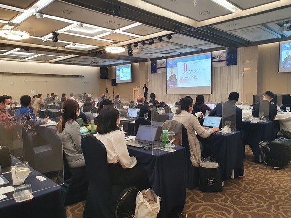 Participants listen to a lecture on the first day of IVI's 21st international vaccinology course at the SNU Faculty House Convention Center.