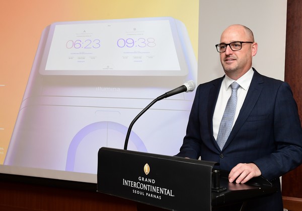 Illumina's head of sales in Asia Pacific and Japan Rob McBride introduces the newly launched production-scale sequencers, NovaSeq X and NovaSeq X Plus, at Grand InterContinental Seoul Parnas on Wednesday