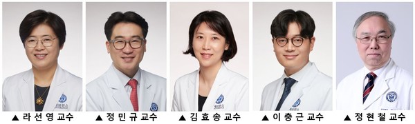 From left, Professors Rah Seon-young, Chung Min-kyu, Kim Hyo-song, and Lee Chung-keun of the Department of Oncology at Yonsei Cancer Center, and Professor Emeritus Chung Hyun-cheol of Yonsei University, who have revealed the effects of triple anticancer therapy in collaboration with Jeolla University Hwasun Hospital, Kangbuk Samsung Hospital, Kangbuk Severance Hospital, and Hallym University Sacred Heart Hospital. (Credit: Severance Hospital)