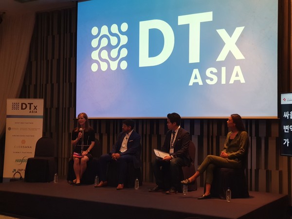 From left, Digital Therapeutics Alliance’s Chief Policy Officer Megan Coder, Wellthy Therapeutics CEO and Co-founder Abhishek Shah, Welt USA Head Danny Kim, and Click Therapeutics Director Sarah Jackson discuss the latest innovations in DTx at the Novatel Ambassadors Hotel on Tuesday.