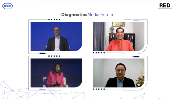 From top left clockwise, Roche Diagnostics Asia Pacific Head Lance Little, DakshamA Health CEO Dr. D S Ratna Devi, and Dr. Suvanich Triamchanchoochai, a cardiologist at Ramathibodi and Nakornthon Hospital, and Channel News Asia presenter Genevieve Woo as the moderator discussed patient engagement at Roche Diagnostics Media Forum 2022 on Tuesday.