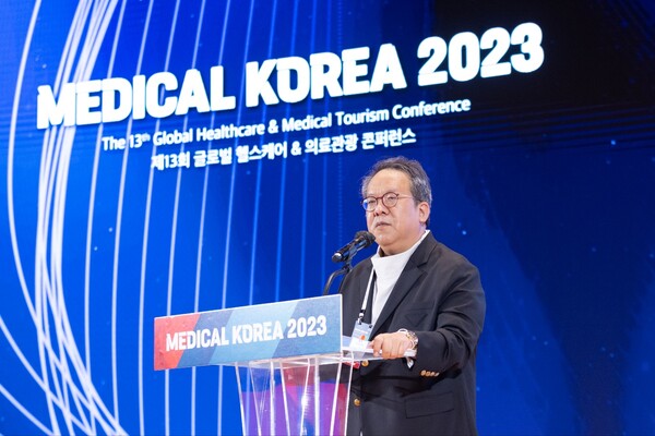 Kakao Healthcare CEO Hwang Hee speaks about future digital healthcare services to be released by Kakao Healthcare at Medical Korea 2023. (Credit: Medical Korea)