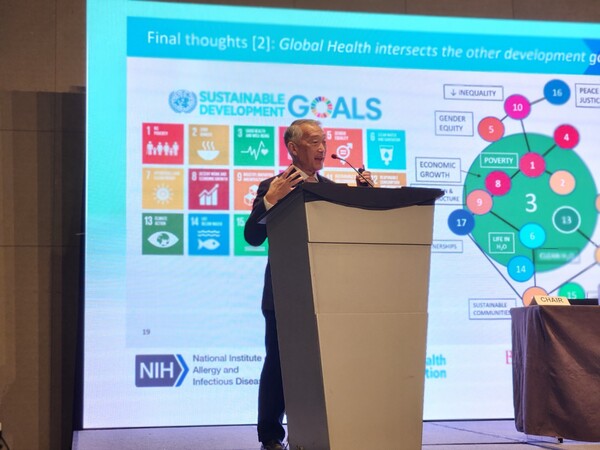 The International Vaccine Institute's (IVI) Director General Dr. Jerome Kim delivers a keynote on translating pandemic R&D learnings into broader global health at the GVIRF 2023 conference on Thursday in the Grand Hyatt hotel in Incheon.