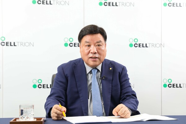 Celltrion Group Chairman Seo Jung-jin explains his company's plans moving forward during an online press conference on Wednesday.
