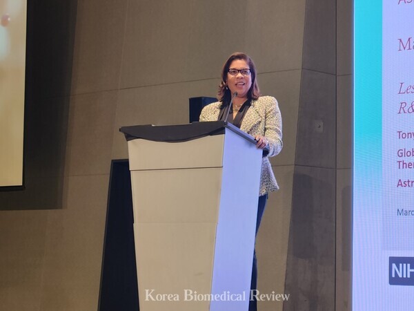 Dr. Tonya Villafana presents AstraZeneca's complementary strategy for tackling infectious diseases at the GVIRF 2023 in Incheon, Korea, on March 28.