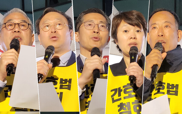 Representatives of the Health and Welfare Medical Solidarity met at the Korean Medical Association on Thursday and decided to enter into a general strike at an early date, beginning with partial walkouts. They include, from left, Chang In-ho of the Korean Association of Medical Technologists, Han Jeong-hwan of the Korean Radiological Technologists Association, Lee Pil-soo of the Korean Medical Association, Kwak Ji-yeon of the Korean Licensed Practical Nurses Association, and Kang Yong-su of the Korean Emergency Medical Technician.