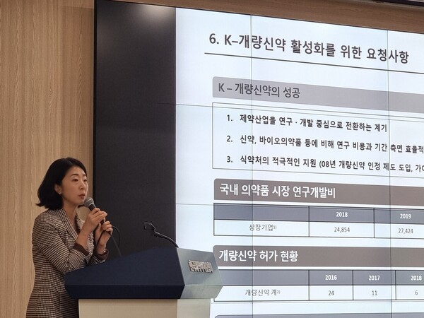 Kim Jin-ah, a managing director who leads Boryung’s development strategy office, made a presentation at a symposium to support the K-IMD sector held on the auspices of the ministry on Tuesday.