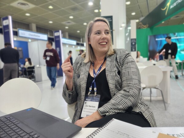 CMAX Chief Business Developer Zoe Harrison speaks to Korea Biomedical Review about the company's strengths in early-phase clinical trials in an interview at COEX Seoul, during BIO Korea 2023 on Friday.