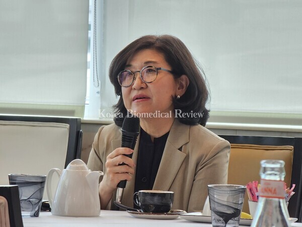 Samyang Biopharm USA President Helen Cho talks about the company's future plans for its medical device, aesthetics, and pharmaceutical business at a press conference held on the sidelines of the 2023 BIO International Convention in Boston, Mass., on Wednesday, local time.