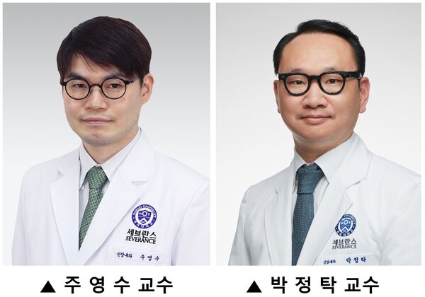 A research team, led by Professors Joo Young-soo (left) at Yongin Severance Hospital and Park Jung-tak at Severance Hospital, developed an AI program to predict the risk of CKD based on retinal examination.