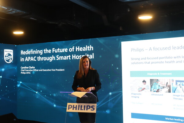 Philips APAC CEO and Executive Vice President Caroline Clarke explains the significance of the Future Health Index (FHI) 2023 report during a press conference held at Philips APAC Centre in Singapore, Wednesday.
