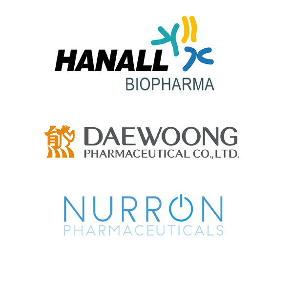 From top to bottom, the corporate identities of Hanall Biopharma, Daewoong Pharmaceutical, and NurrOn Pharmaceuticals