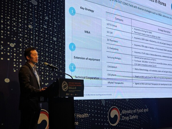 Ahn Jong-seong, head of Production and Qualify Headquarters at Kolon Biotech, gave a presentation at the 2023 KoNECT International Conference at the Conrad Hotel in Yeouido, Seoul, last Wednesday. (KBR photo)