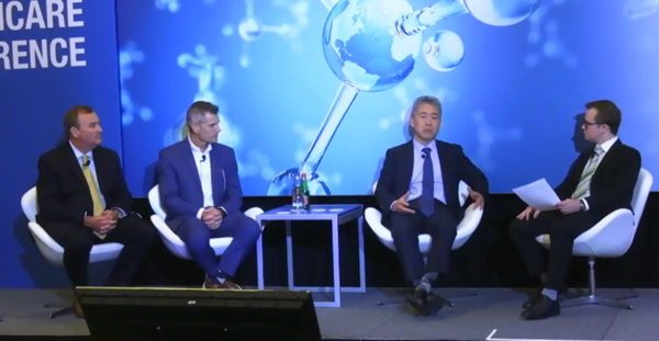 Executives from Elevar Therapeutics, HLB’s U.S. subsidiary, recently attended the Cantor Fitzgerald Global Healthcare Conference 2023 in New York City. They are, from left, CCO Paul Friel, CFO Wade Smith, and CEO Jung Se-ho. (Courtesy of HLB)