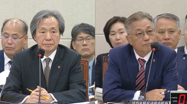 NHIS President Jung Ki-suck (left) and HIRA President Kang Jung-gu attend Wednesday's National Assembly’s audit of their organizations. (Credit: National Assembly Internet Teleconference System)