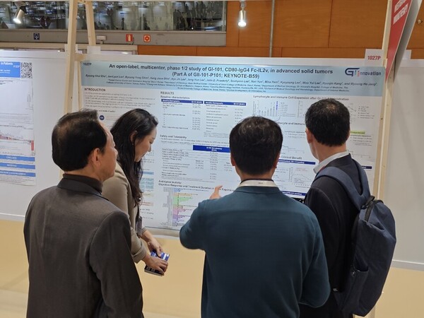 Visitors look at the poster presentation of GI Innovation's phase 1/2 clinical trial of GI-105 at ESMO 2023 on Monday. (KBR photo)