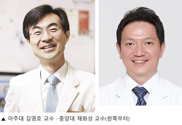 Professor Kim Young-ho (left) from the Department of Orthodontics at the Institute of Oral Health Science, Ajou University School of Medicine, and Professor Chae Hwa-sung from the Department of Orthodontics at Gwangmyeong Hospital, Chungang University. (Courtesy of Ajou University Hospital)