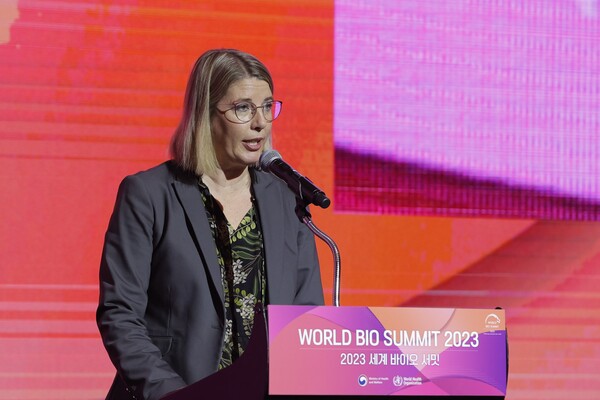 Catharina Boehme, WHO's Assistant Director-General, External Relations and Governance, speaks during the keynote session during the World Bio Summit 2023.