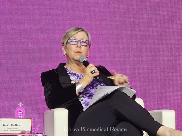 Jane Halton, Chair of CEPI Board, explains what CEPI’s 100-day mission during the World Bio Summit 2023 held in Conrad Seoul on Tuesday. (credit: KBR)