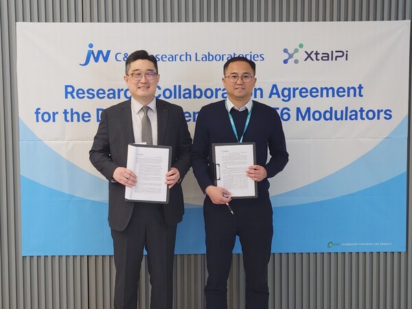 C&C Research Labs CEO Park Chan-hee (left) and XtalPi CSO Peiyu Zhang hold up the cooperation agreement at XtalPi's laboratory in Shanghai, China, last Friday.