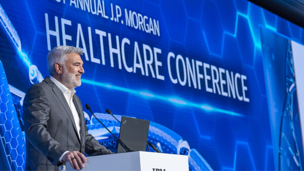 J.P. Morgan's Global Head of Health Care Investment Banking Mike Gaito speaks to attendees during the J.P. Morgan Healthcare Conference 2023 at the Westin St. Francis San Fransico in January of last year. (credit: J.P. Morgan)