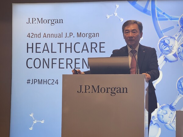 Yuhan Corp. R&D President Kim Yeol-hong presents the company’s plan to become one of the top 50 pharmaceutical companies at the J.P. Morgan Healthcare Conference 2024 in San Francisco, Calif., on Tuesday. (credit: Yuhan Corp.)