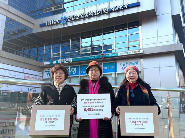 The Union of Korean Breast Cancer Patients visited the Seoul branch of the Health Insurance Review and Assessment Service to deliver a petition signed by 6,451 breast cancer patients nationwide calling for a speedy insurance benefit for Enhertu.