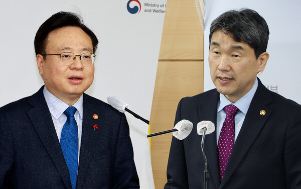 Representatives of 33 medical school faculty councils filed a lawsuit against Minister of Health and Welfare Cho Kyoo-hong (left) and Minister of Education Lee Joo-ho to cancel the increase in medical school students.