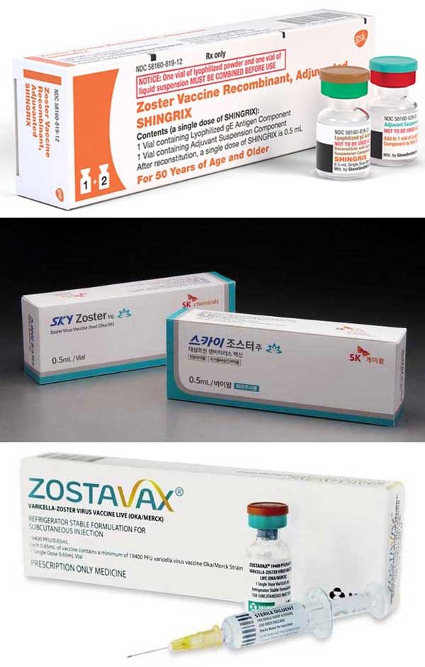 GSK claimed the top sales position in the local shingles vaccine market. From top are GSK's Shingrix, SK bioscience's Skyzoster, and MSD's Zostavax.