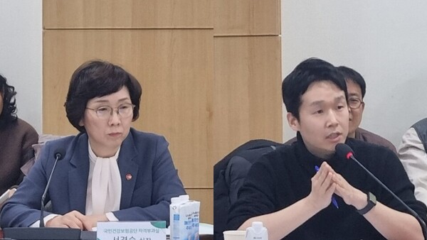 Seo Kyeong-suk (left), director of the Eligibility and Assessment Division at the National Health Insurance Service, and Lee Gwan-hyeong, director of the Insurance Policy Division at the Ministry of Health and Welfare, agreed on the need to strengthen medical access for children with a migrant background. (KBR photo)